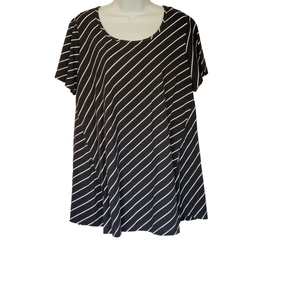 Roamans A-Line T-Shirt Womens 14/16 Short Sleeve Scoop Neck Black White Stripe 1